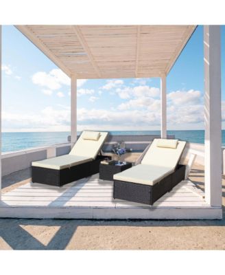 3-Piece Outdoor Patio Furniture Set Chaise Lounge, Patio Reclining Rattan Lounge Chair Chaise Couch Cushioned with Glass Coffee Table, Adjustable Back and Feet, Lounger Chair for Pool Garden, Beige