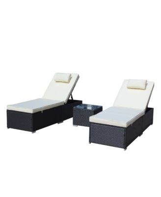 3-Piece Outdoor Patio Furniture Set Chaise Lounge, Patio Reclining Rattan Lounge Chair Chaise Couch Cushioned with Glass Coffee Table, Adjustable Back and Feet, Lounger Chair for Pool Garden, Beige