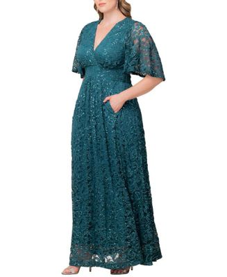 Plus Size Luminous Sequin Lace Evening Gown with Pockets