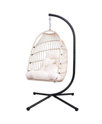 Outdoor Egg Hanging Chair with Stand, Patio Wicker Swing Egg Chair Indoor Swinging Chair Outdoor Hammock Egg Chair Off-white