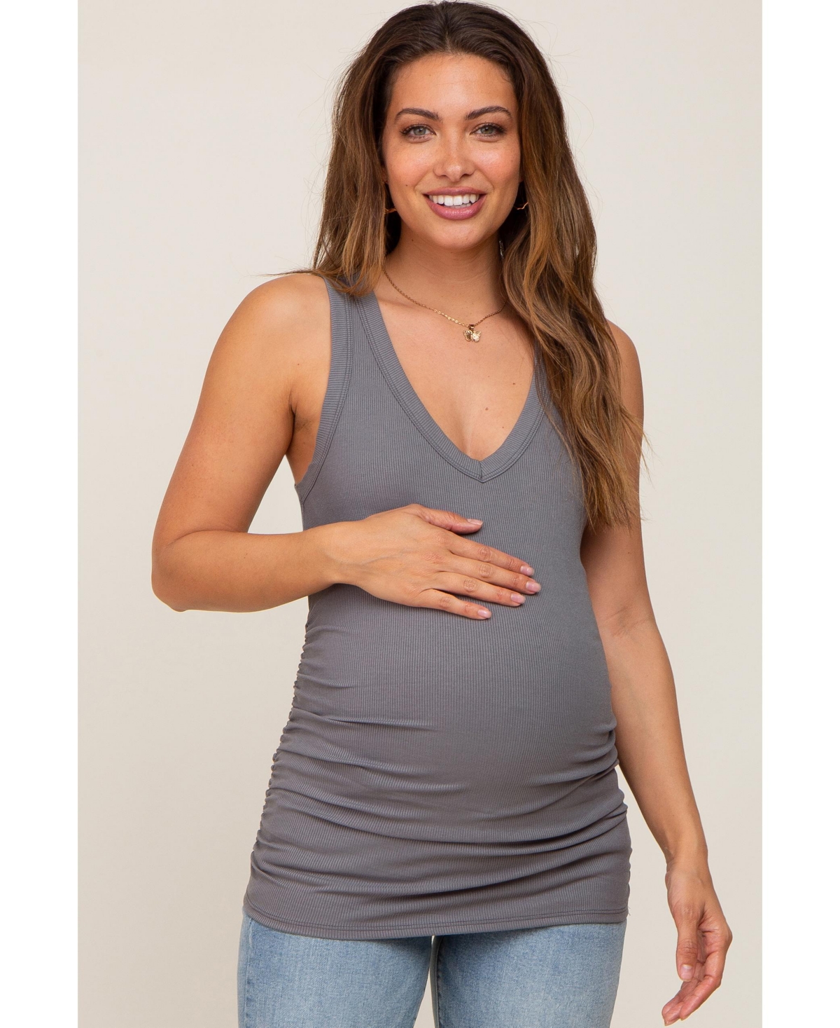 Maternity Charcoal Ribbed Sleeveless Ruched Tank Top - Charcoal grey