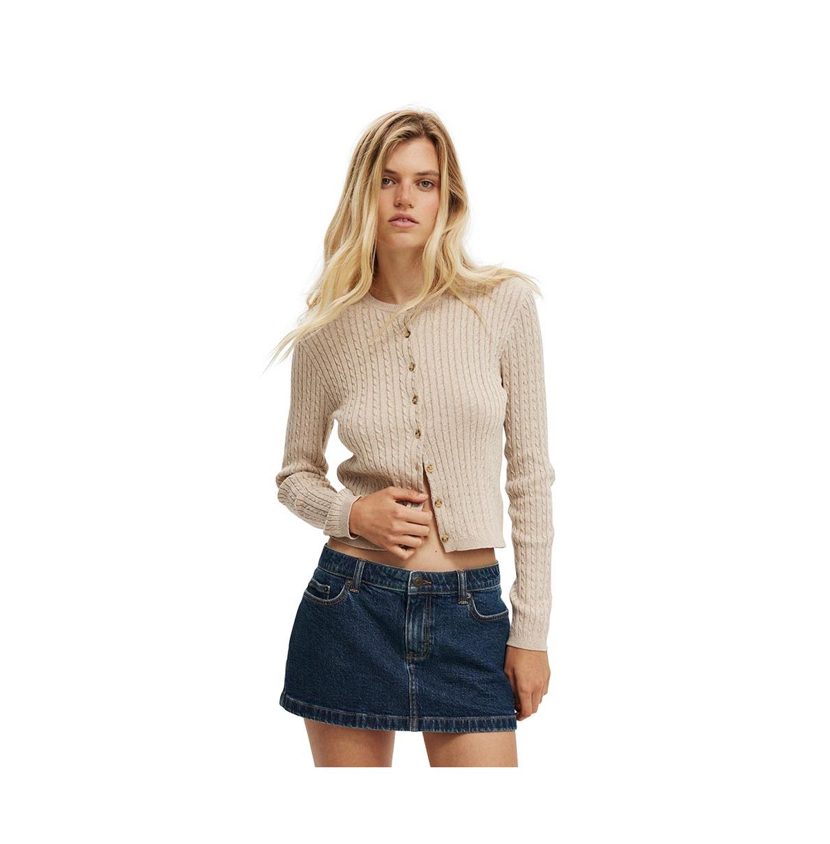 Women's Cotton Crew Neck Cardigan - Oatmeal cable