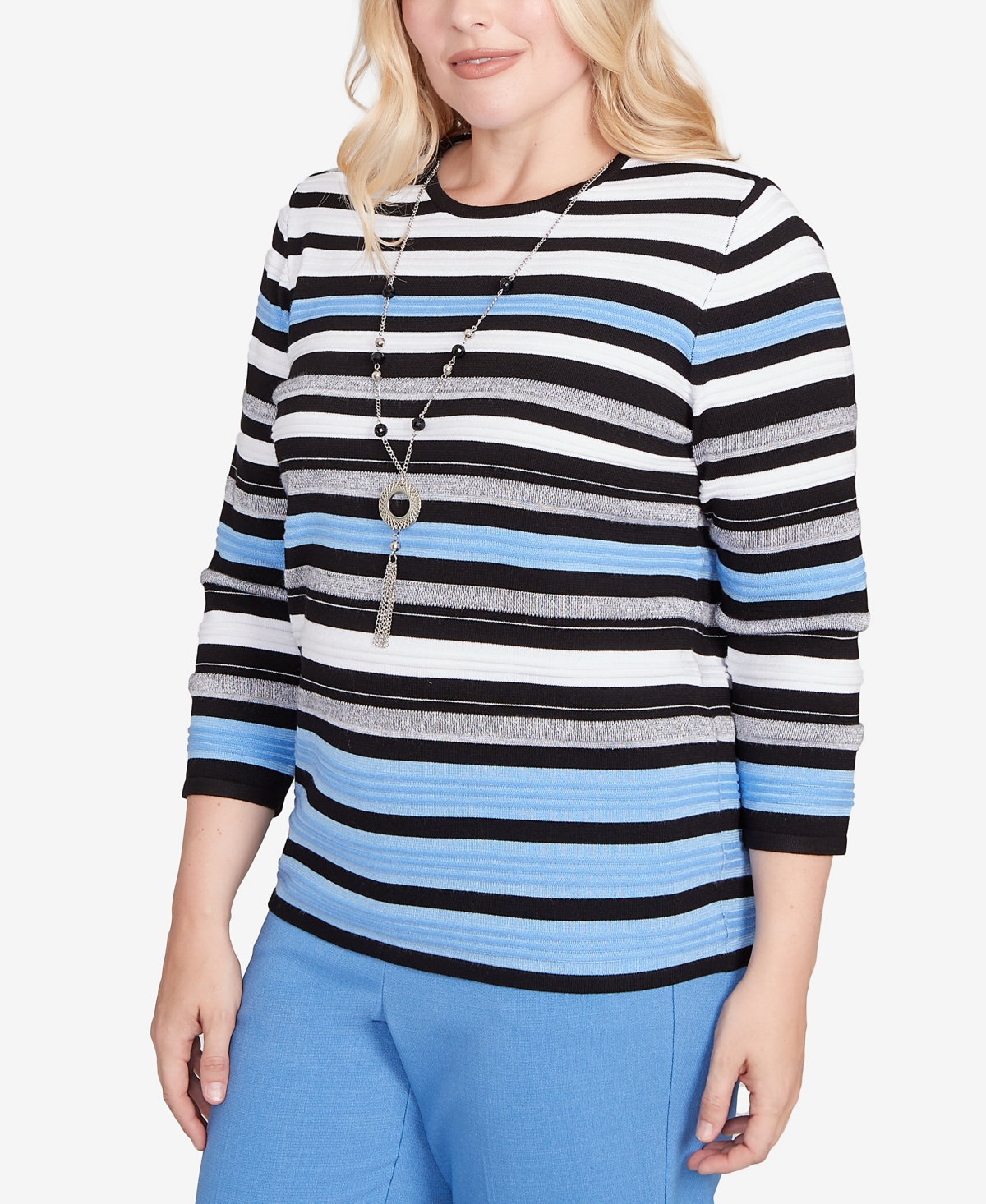 Alfred Dunner Women's Textured Stripe Sweater With Necklace In Blue