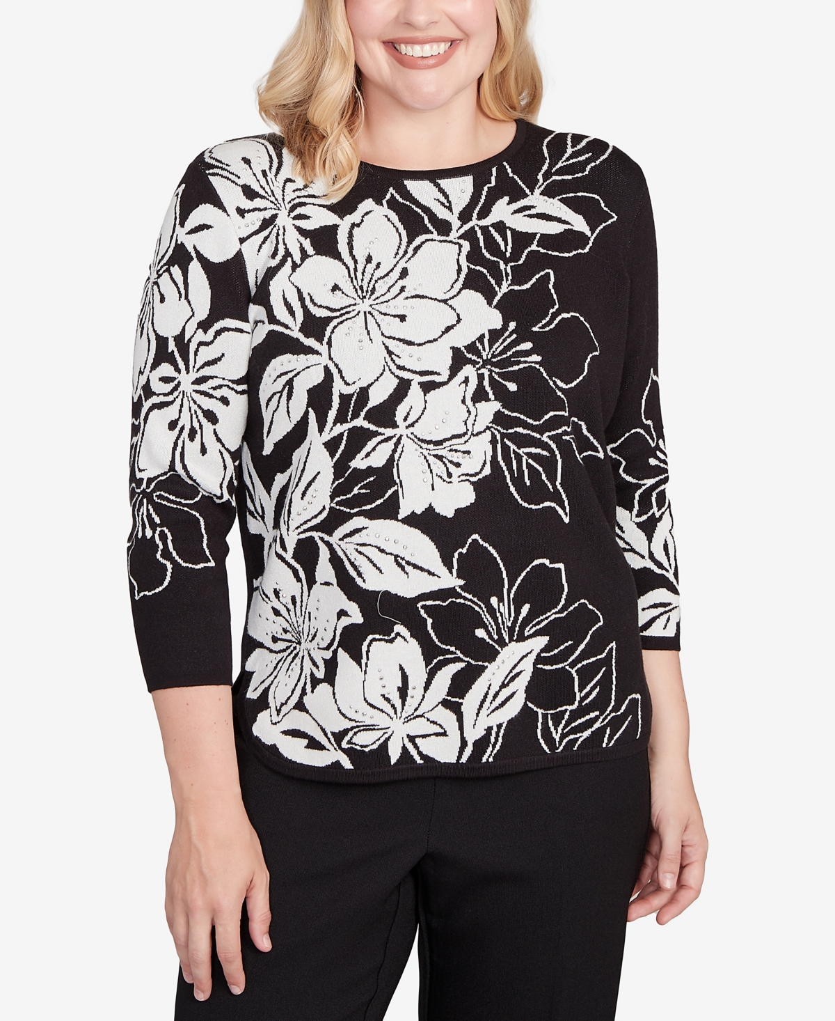 Women's Dramatic Floral Jacquard Sweater - Black, White