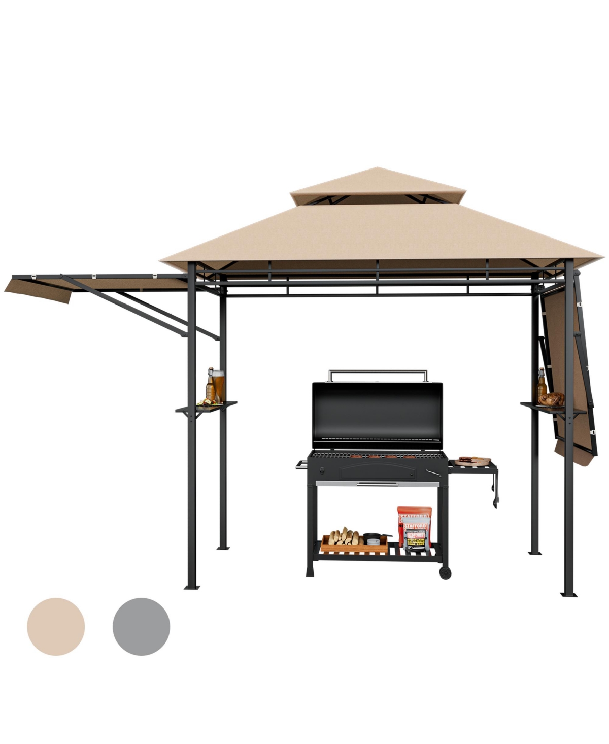 13.5' x 4' Patio Bbq Grill Gazebo Side Awnings Shelves 2-Tier Canopy Outdoor - Medium beige