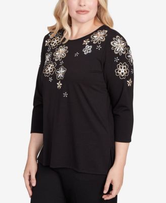 Women's Gold Floral Embroidered Three Quarter Sleeve Top