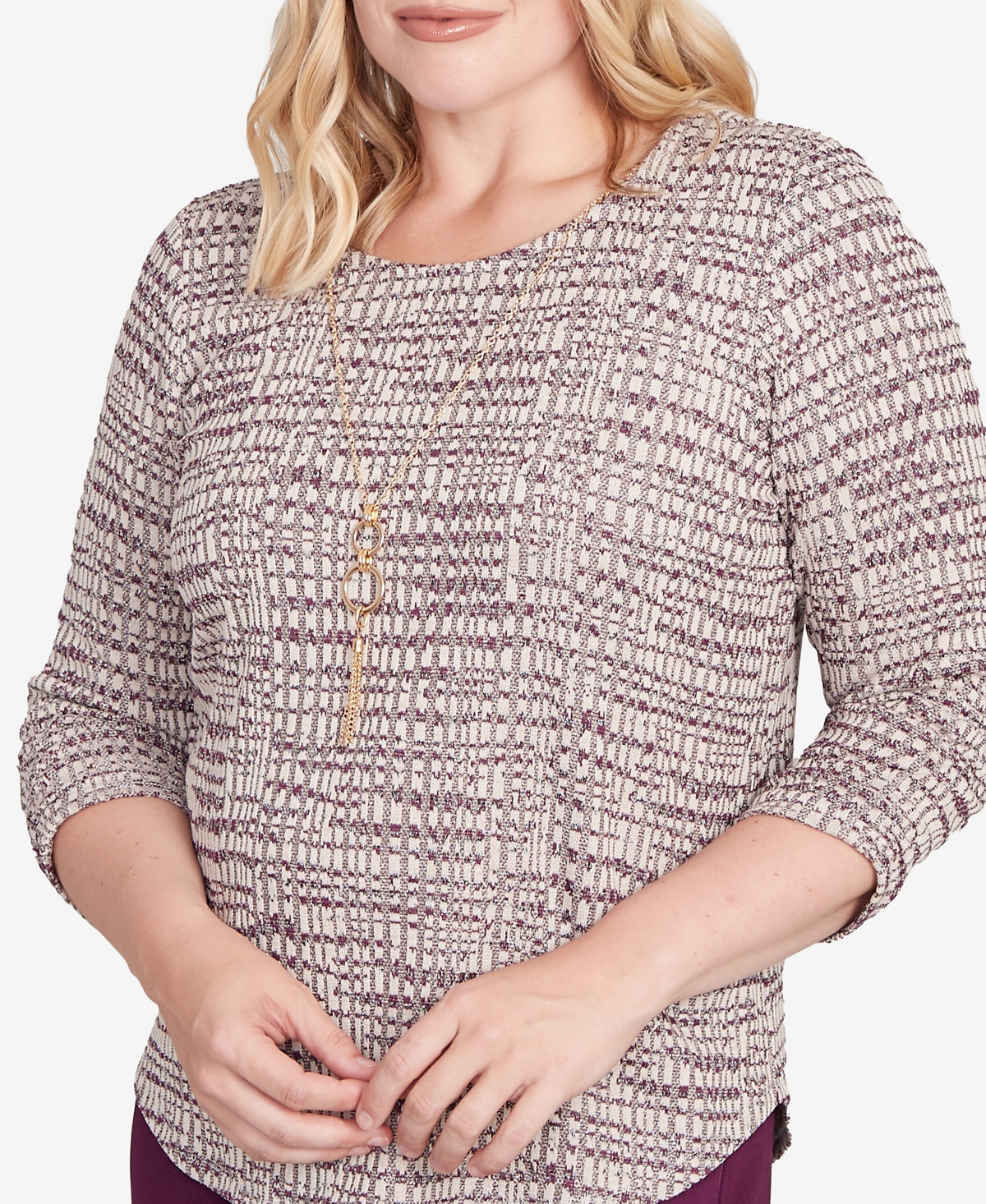 Alfred Dunner Plus Size Urban Legend Textured Shimmer Space Dye Top With Necklace In Multi
