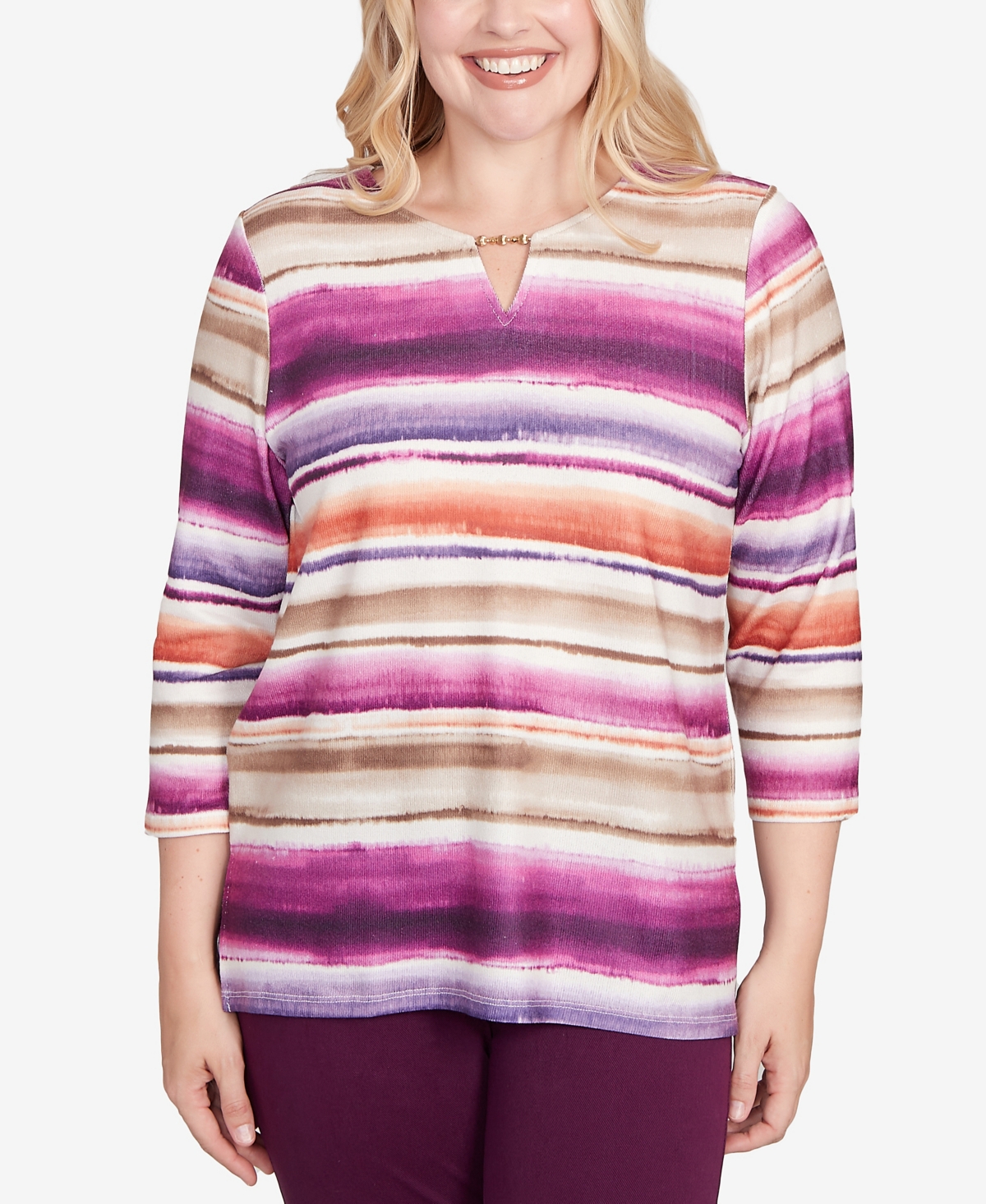 Women's Urban Legend Watercolor Biadere Beaded Split Neck Top - Plum Multi