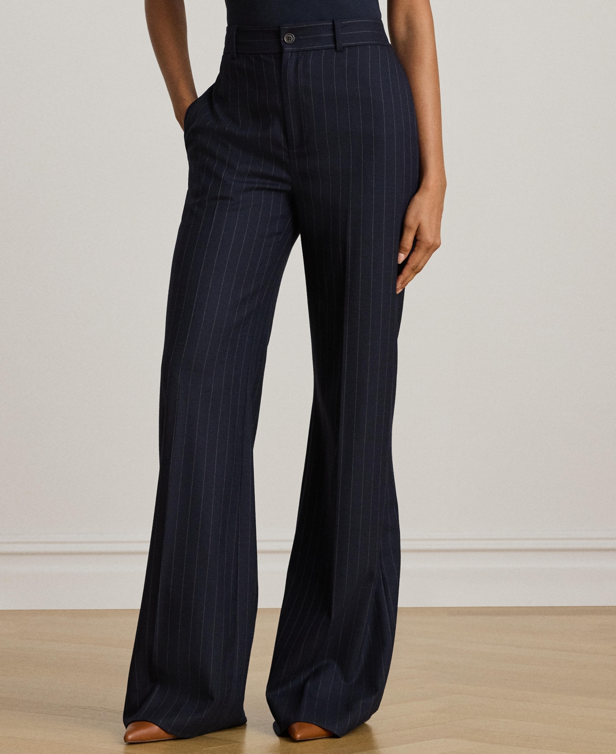 Ralph Lauren Pinstripe Wool-blend Twill Wide-leg Pant In Black