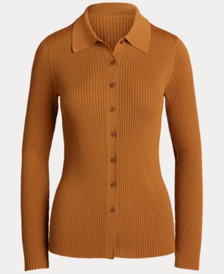 Women's Rib-Knit Long Sleeve Polo Cardigan Sweater