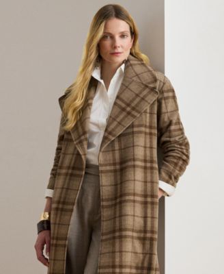 Women's Plaid Wool Blend Twill Wrap Coat