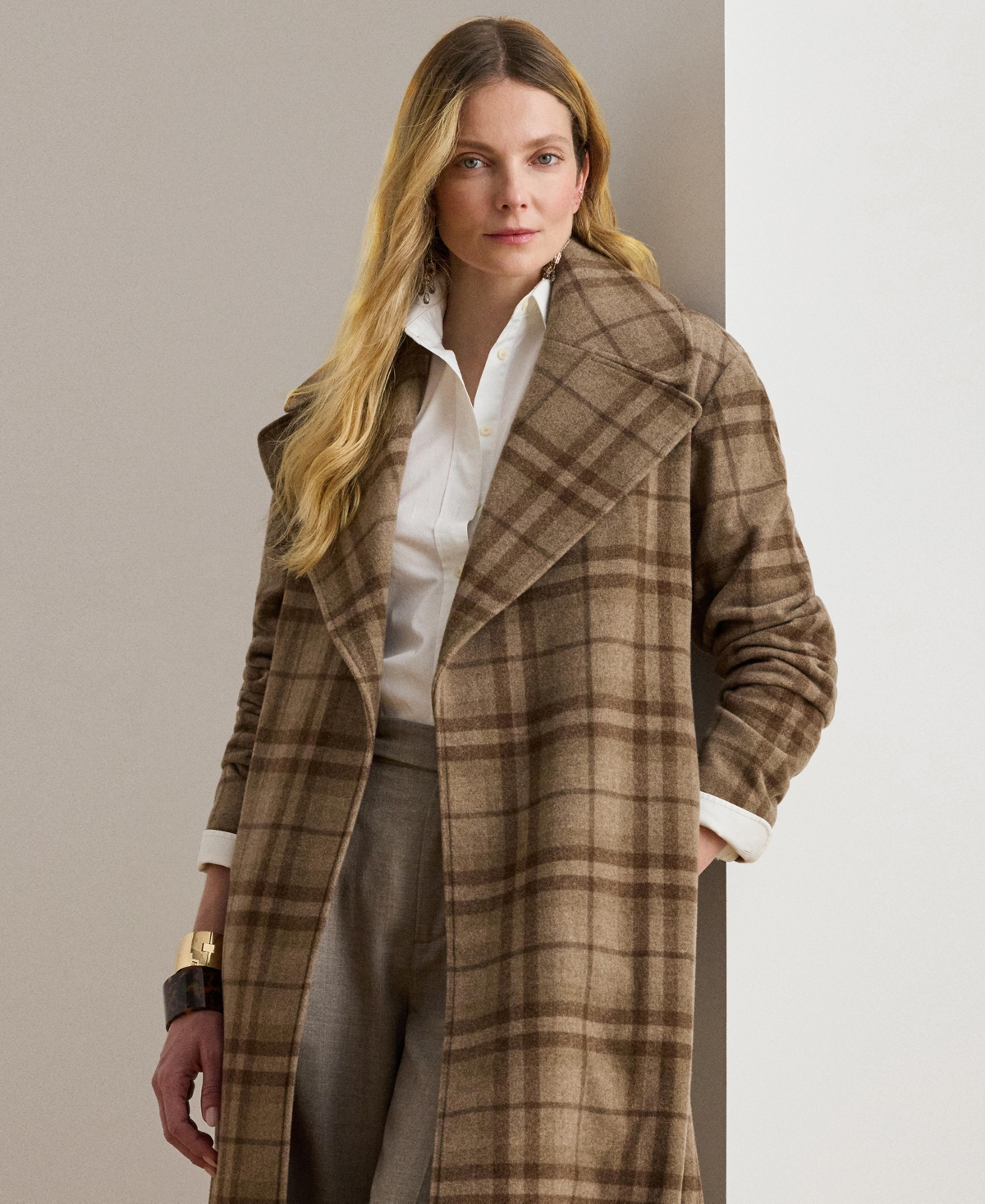 Ralph Lauren Plaid Wool-blend Twill Wrap Coat In Multi