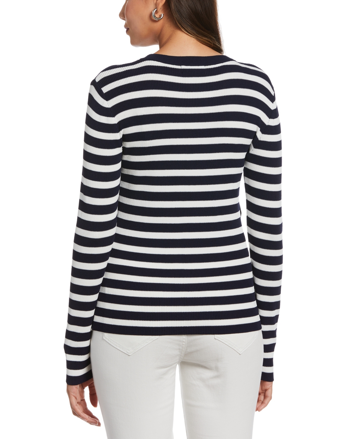 Ella Rafaella Plus Size Snap Trim Stripe Asymmetrical Sweater In Blue