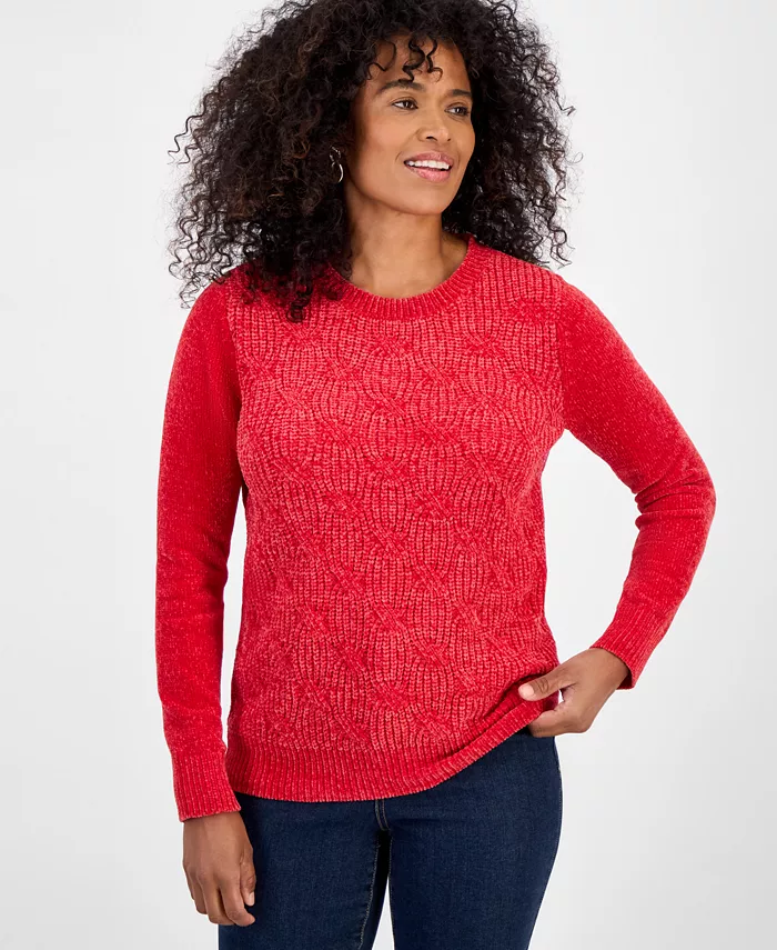Women's Chenille Crewneck Cable-Knit Sweater