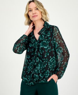 Kasper - Women's Printed Ruffle-Front Long-Sleeve Blouse