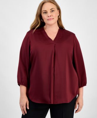 Jones New York - Plus Size Satin 3/4-Puff Sleeve V-Neck Blouse