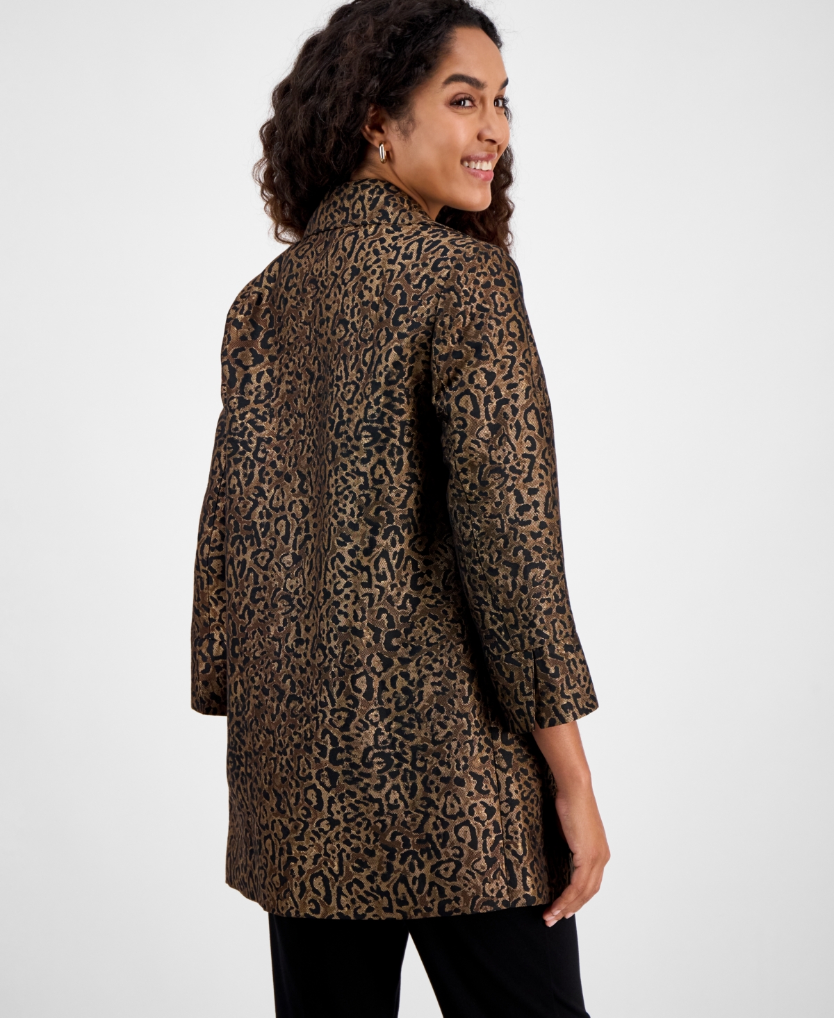 Kasper Leopard Jacquard Open-front 3/4-sleeve Topper, Regular & Petites In Multi