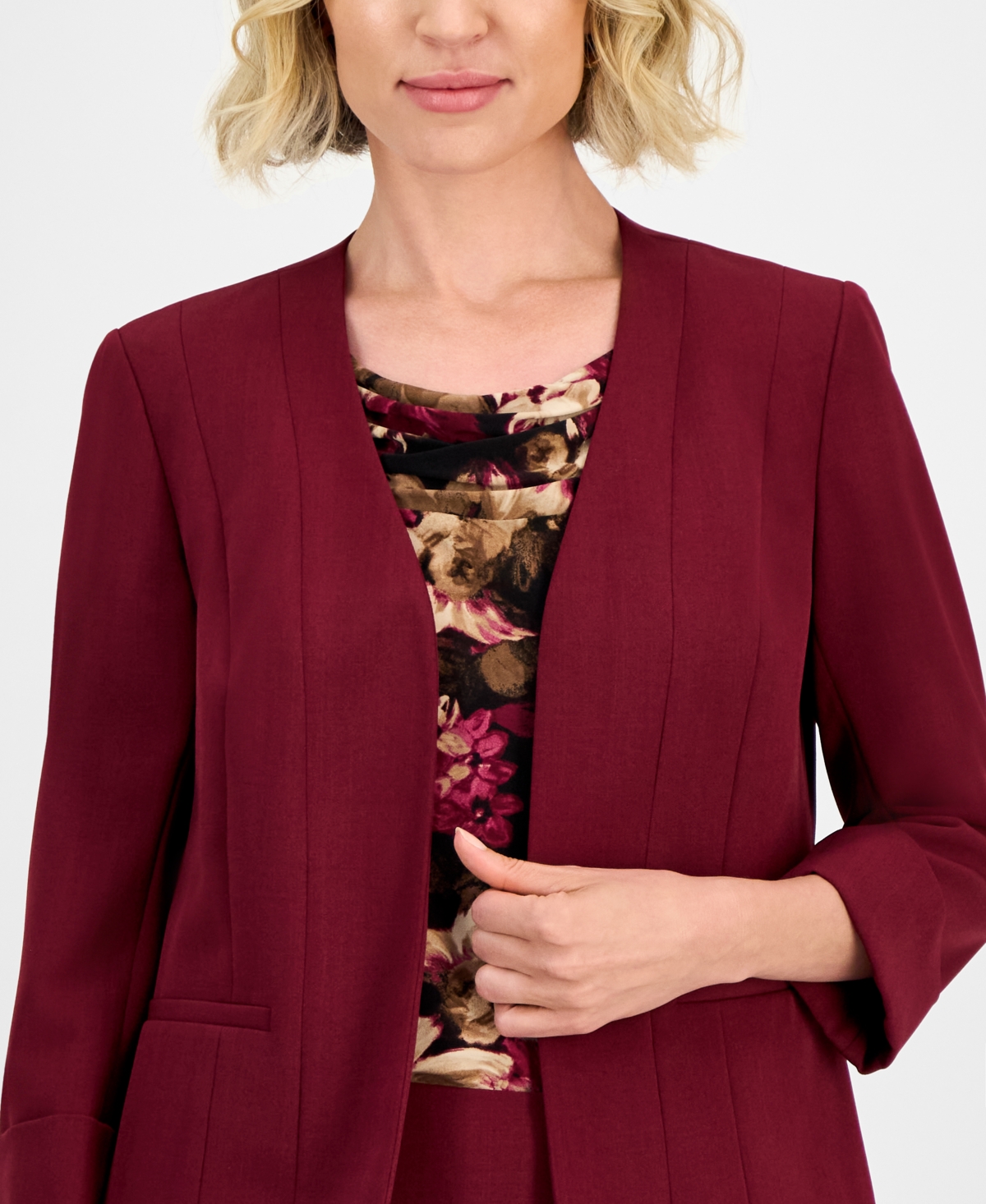 Kasper Women's Collarless Open-front Cuffed Jacket, Regular & Petite In Burgundy