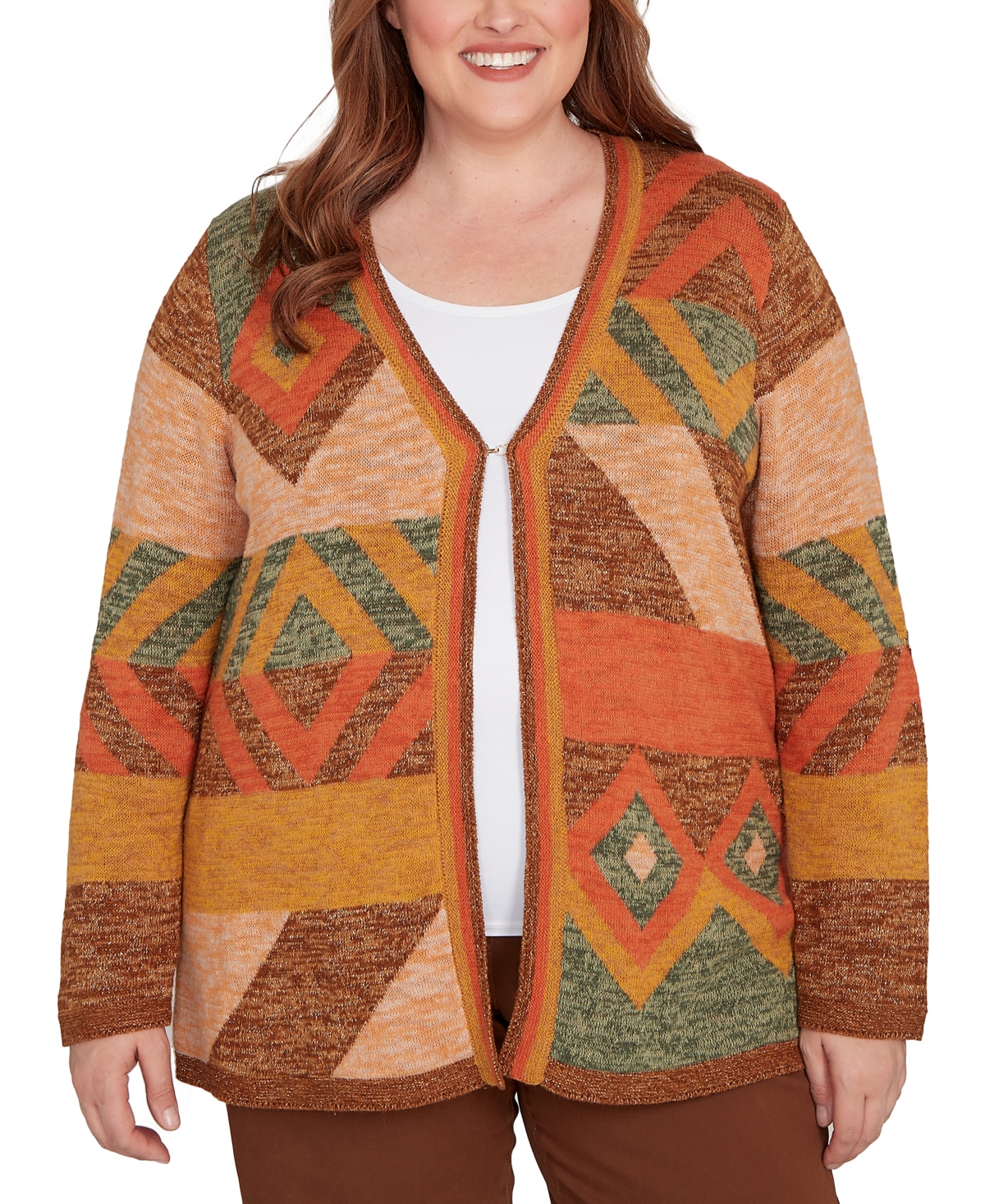 Plus Size Mount Laurel Patchwork Long Sleeve Cardigan Sweater - Brown Multi