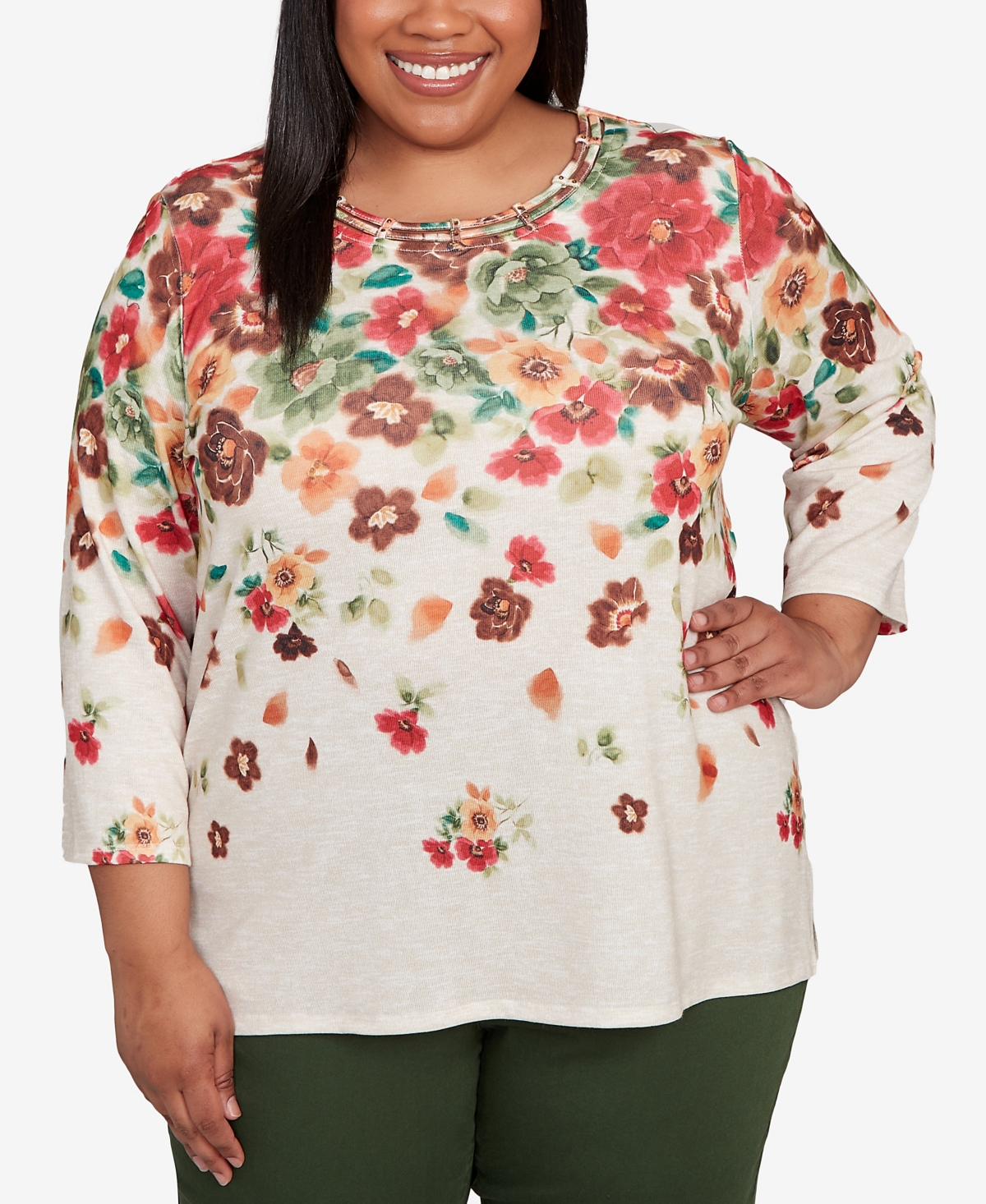 Plus Size Mount Laurel Floral Detailed Neck Top - Oatmeal Multi