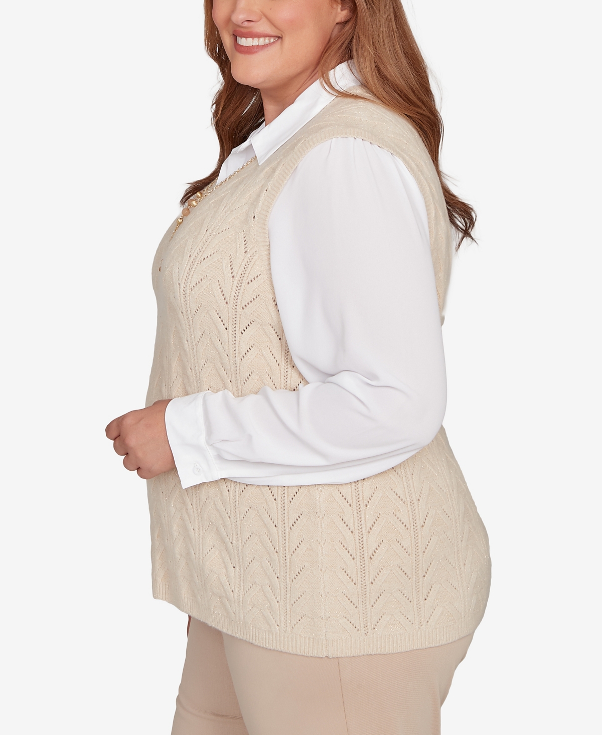 Alfred Dunner Plus Size Urban Legend Pointelle Texture Two In One Sweater With Necklace In Gray