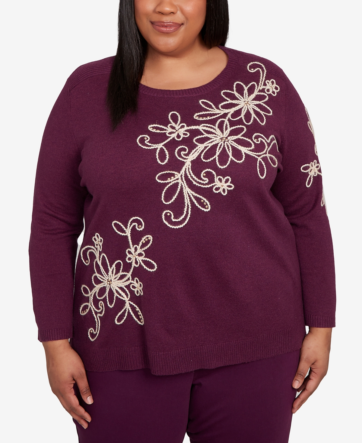 Alfred Dunner Plus Size Urban Legend Diagonal Floral Embroidered Sweater In Purple