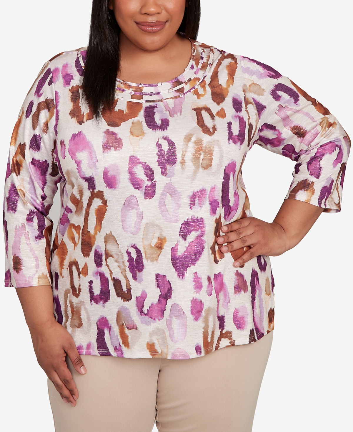 Plus Size Urban Legend Dramatic Animal Three Quarter Sleeve Top - Oatmeal Multi