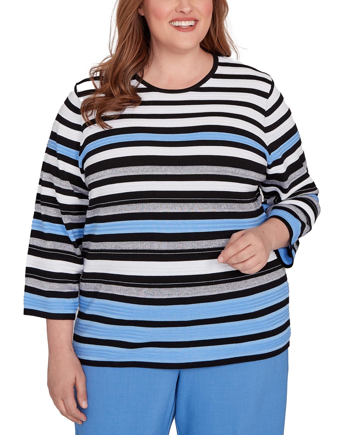Plus Size As Usual Textured Stripe Sweater with Necklace - Black Multi