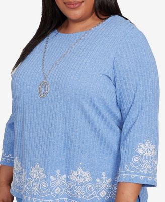 Plus Size As Usual Medallion Bordered Periwinkle Pull On Top with Necklace