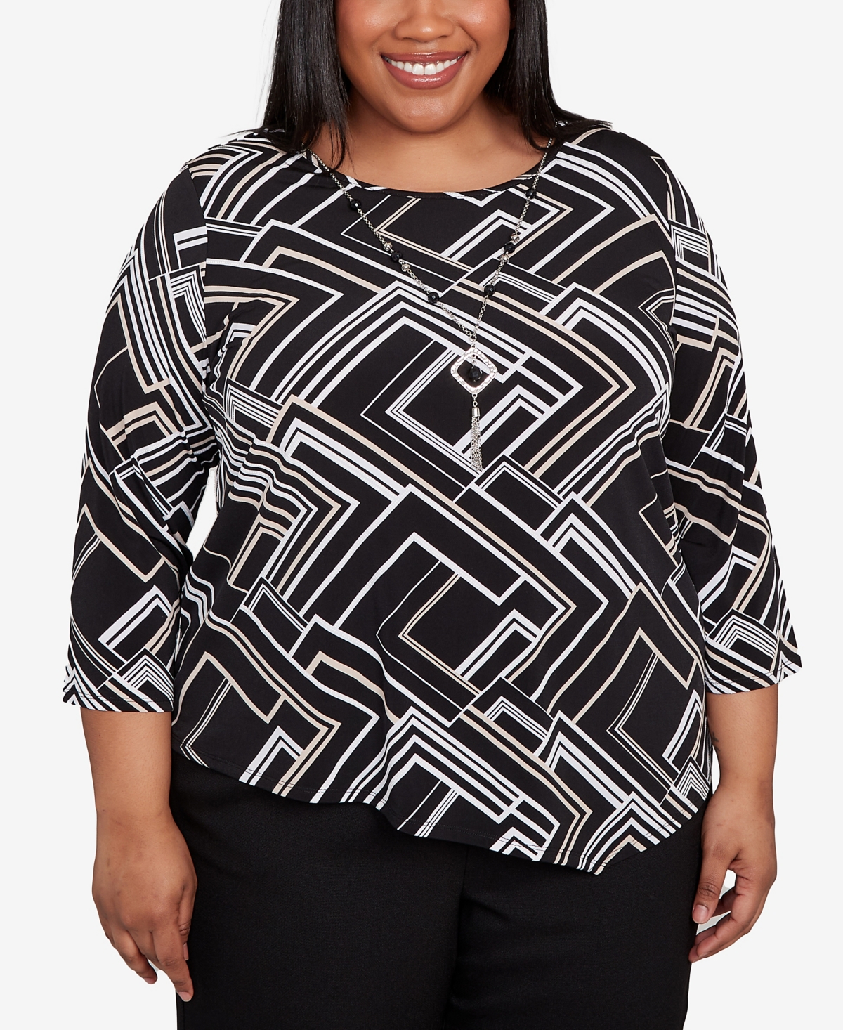 Plus Size As Usual Geometric Textured Top with Necklace - Black