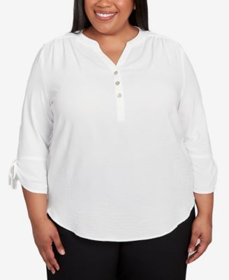 Plus Size As Usual Tie Sleeve Crinkle Textured Henley Top