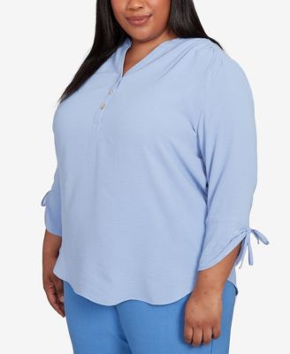 Plus Size As Usual Tie Sleeve Crinkle Textured Henley Top