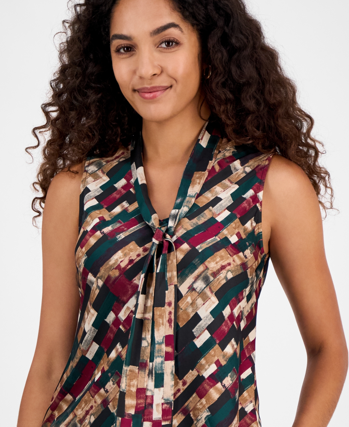 Kasper Geo-print Satin Tie-neck Sleeveless Top, Regular & Petites In Multi