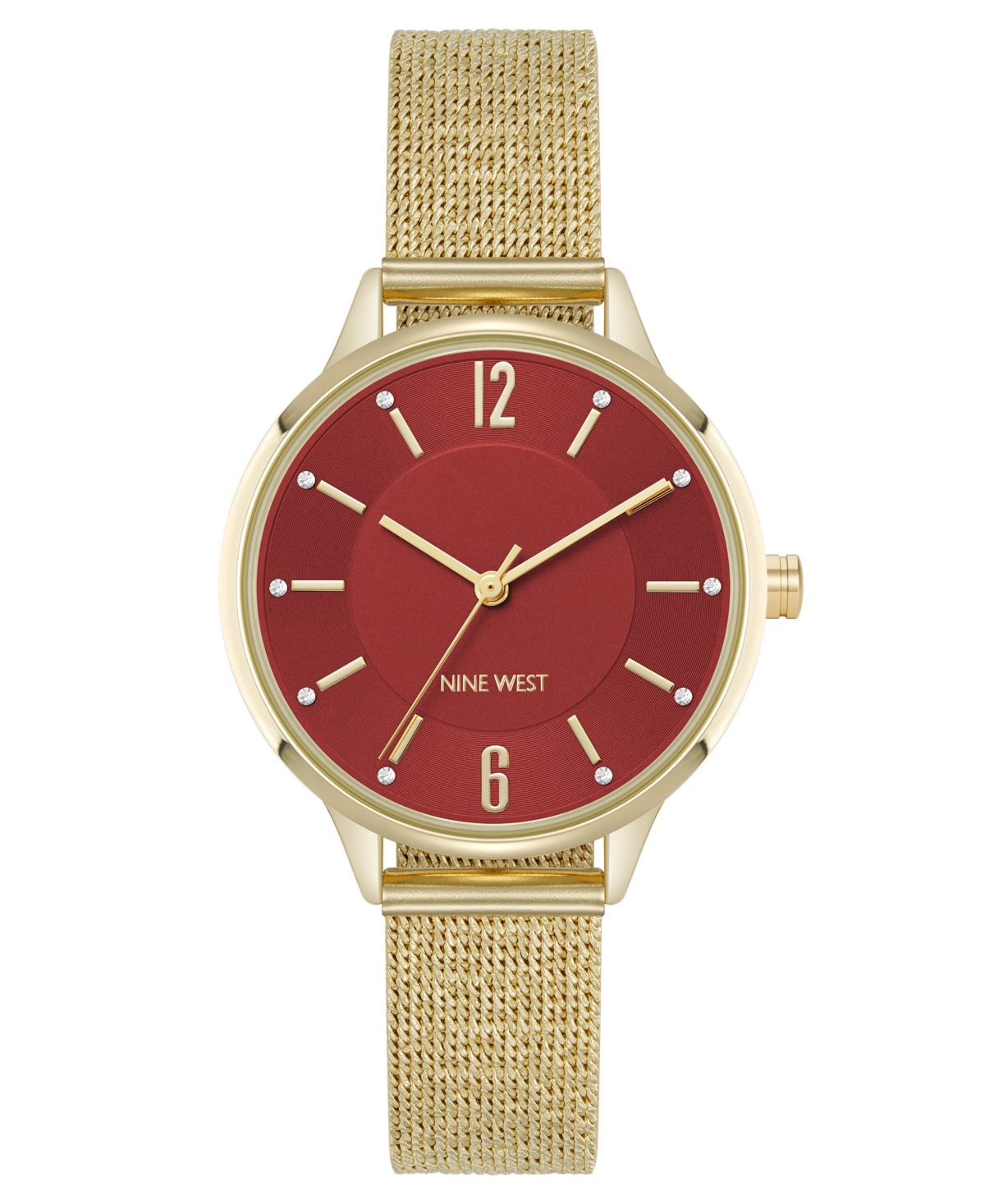 Nine West Women's Quartz Capital Burgundy And Gold-tone Stainless Steel Mesh Watch, 34mm In Gold