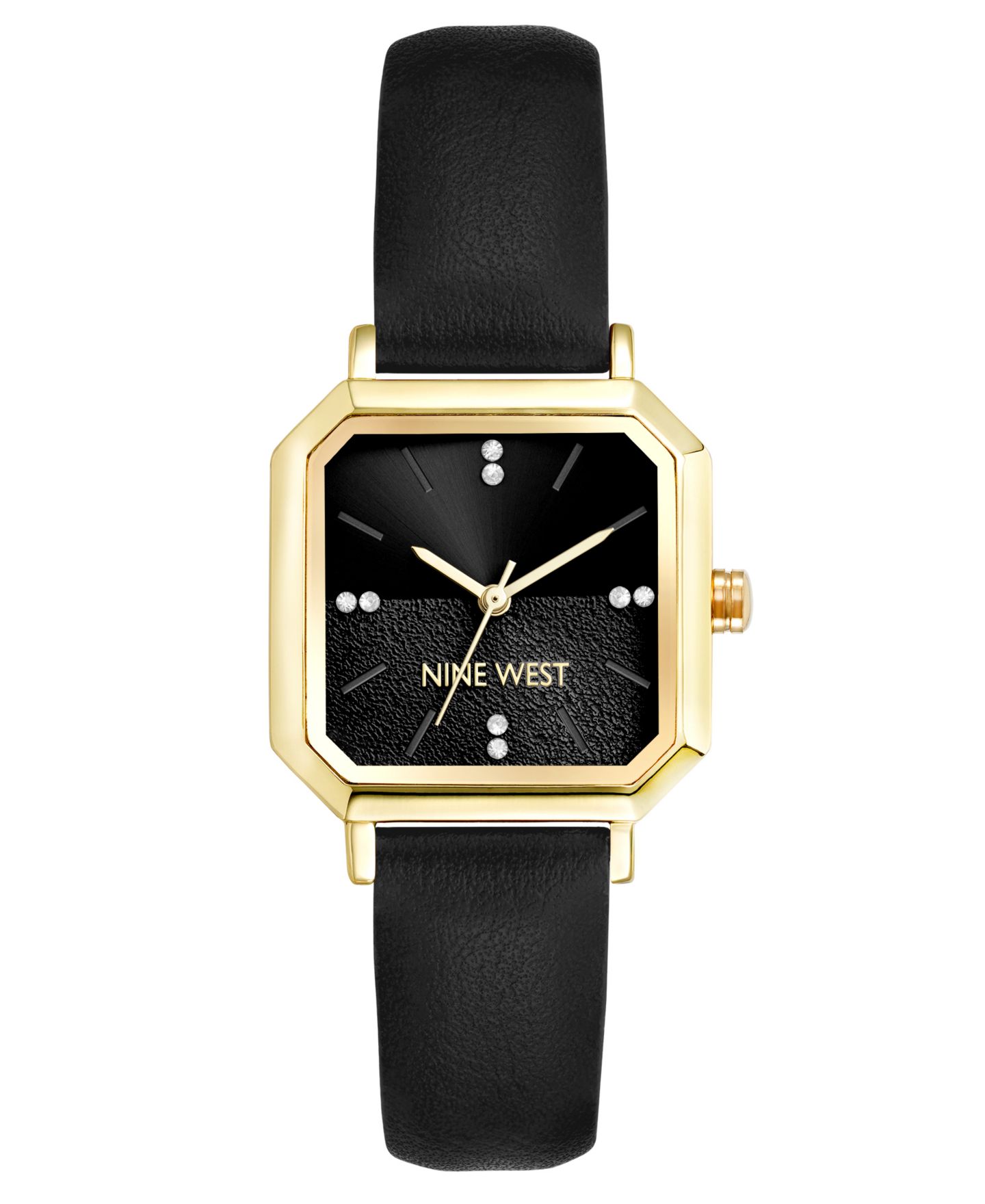 Женские часы Nine West Quartz Regency Black Leather and Gold-Tone Watch, 27mm — фото 1