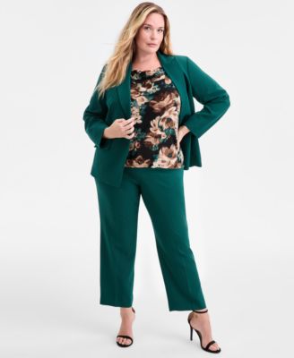 Plus Size One-Button Blazer, Printed Cowlneck Blouse & Pull-On Pants