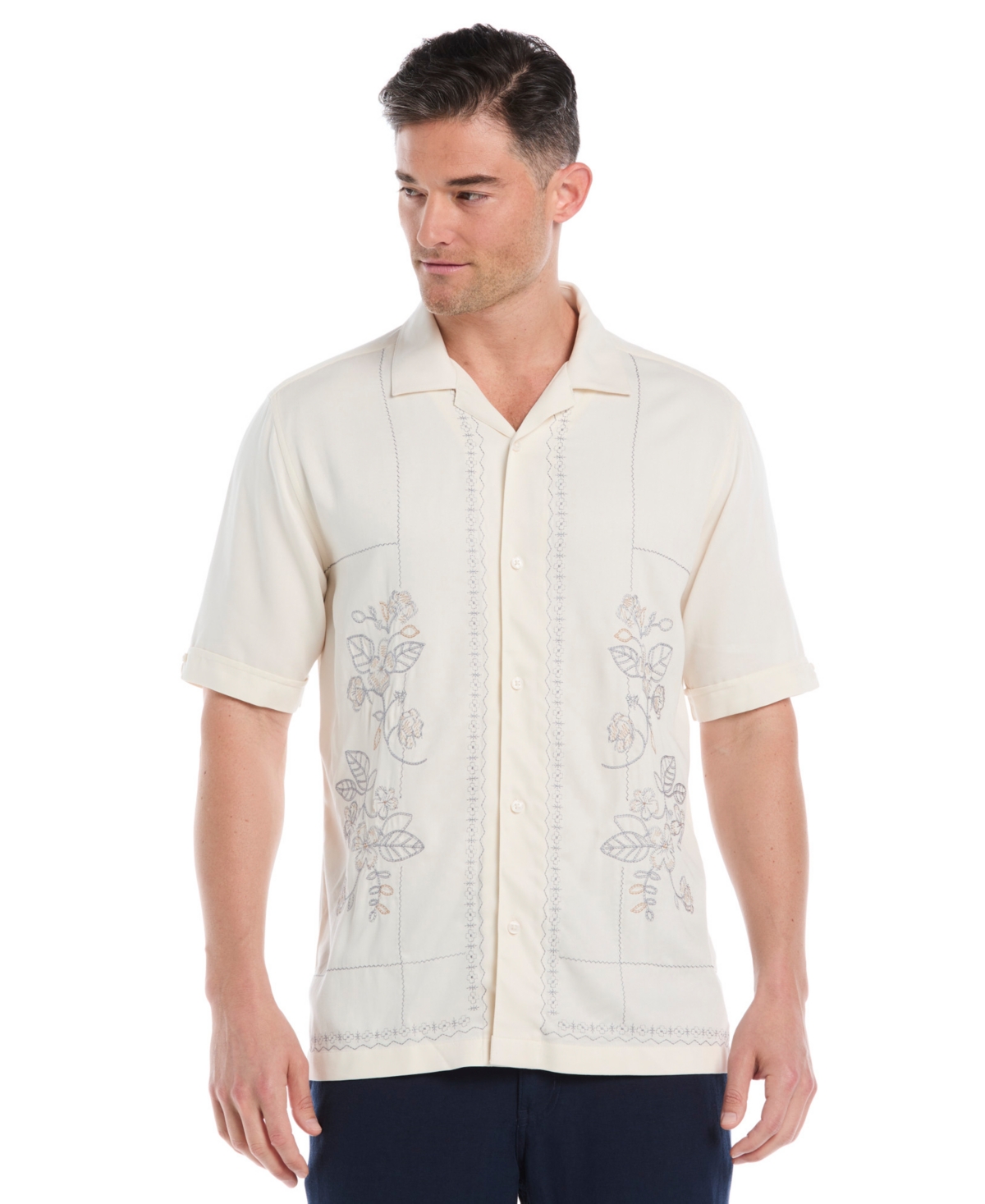 Cubavera Men's Embroidered L-shape Short Sleeve Button Down Shirt In Neutral