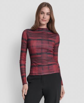 Women's Long Sleeve Fitted Funnel Neck Tissue Mesh Top