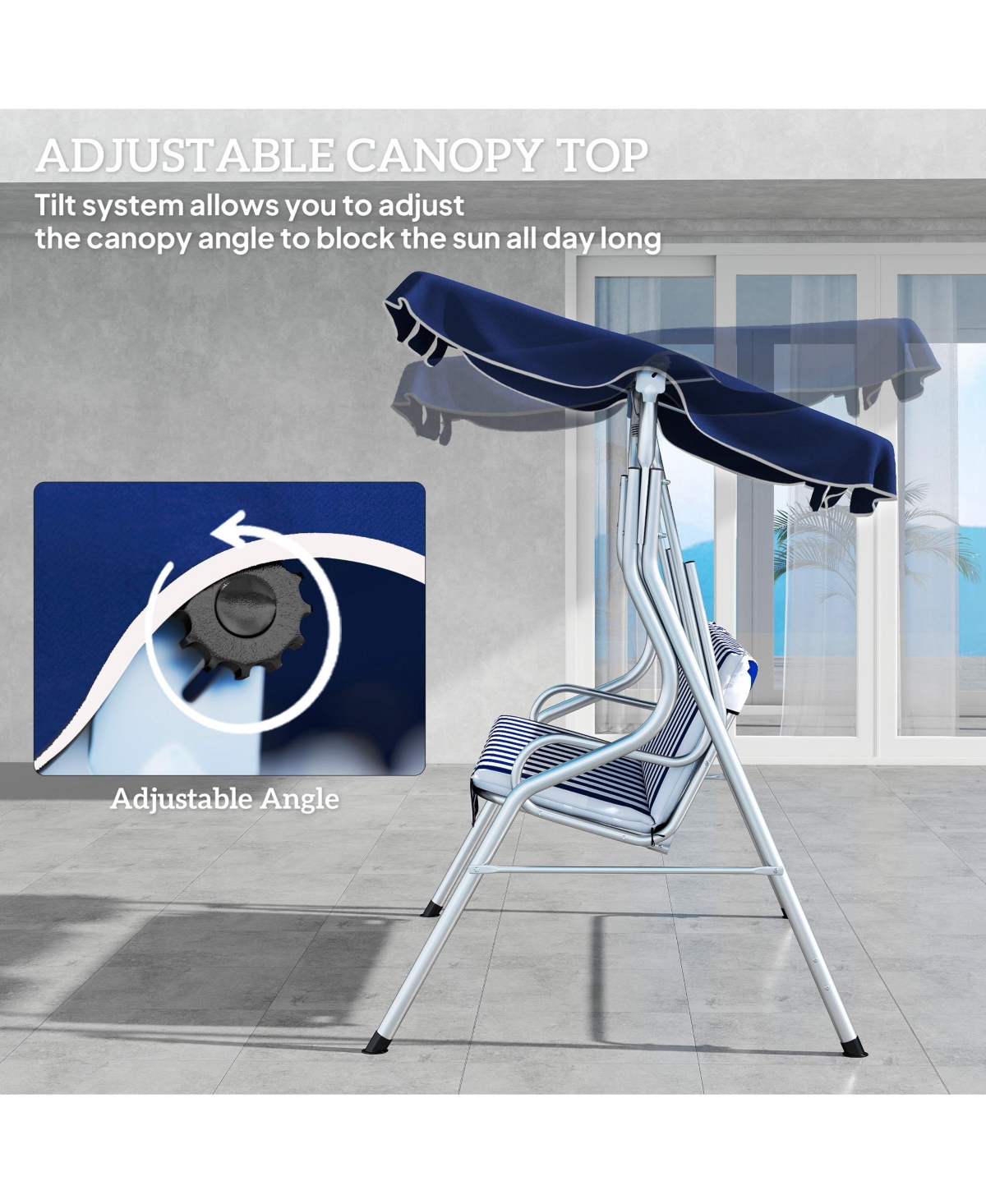 Outsunny 3-Person Porch Swing with Adjustable Canopy, & Stripe