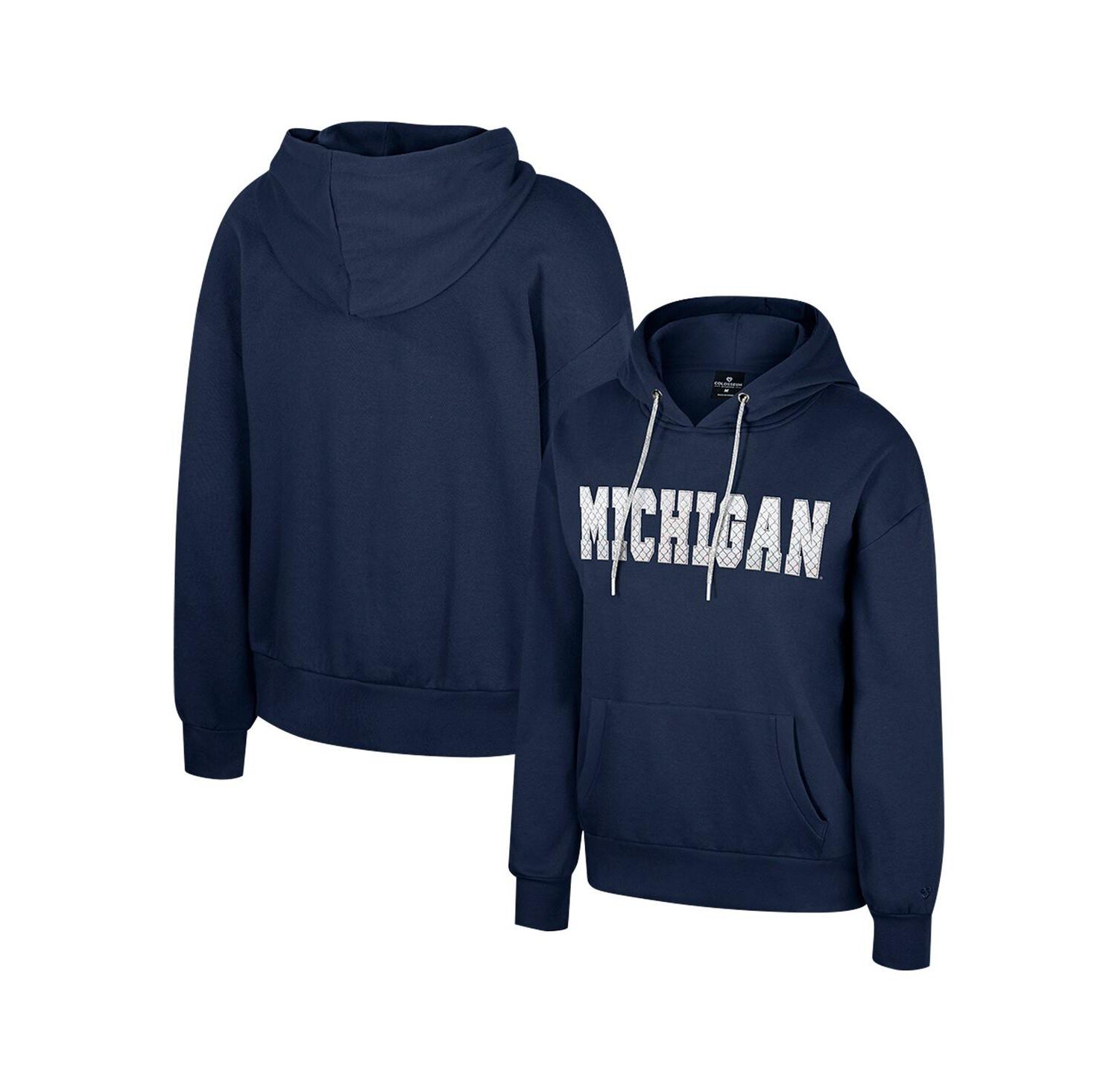 Women's Navy Michigan Wolverines Reflection Rhinestone Drawcord Pullover Hoodie