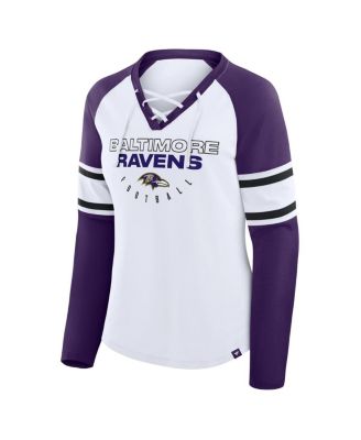 Women's White/Purple Baltimore Ravens Redzone Blitz Package Raglan Lace-Up V-Neck Long Sleeve T-Shirt