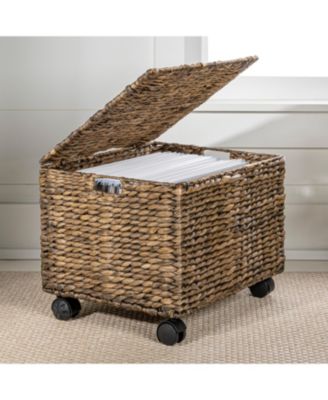 Ashton 18.11" Classic Farmhouse Hand-Woven Hyacinth Rolling Filing Basket with Lid and 360 Degree Lockable Wheels