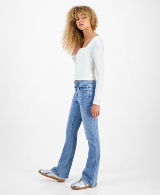 Juniors' Rhinestone Embellished Mid Rise Bootcut Jeans