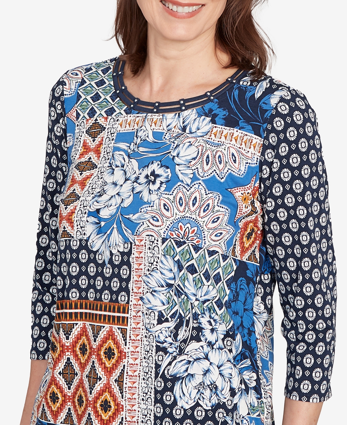 Alfred Dunner Petite Batik Patchwork Drawstring Closure Top In Multi