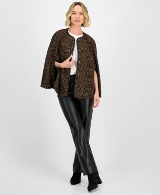 Leopard Jacquard Snap-Front Cape-Sleeve Topper, Regular & Petites