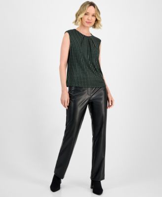 Foil Print Pleated-Neck Extended-Shoulder Top, Regular & Petites