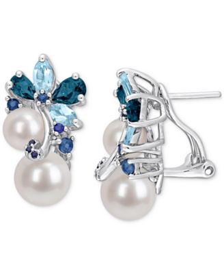 Macy's - Cultured Freshwater Pearl (6 & 8mm), Blue Topaz (2-1/2 ct. t.w.) & Sapphire (3/8 ct. t.w.) Cluster Stud Earrings in Sterling Silver