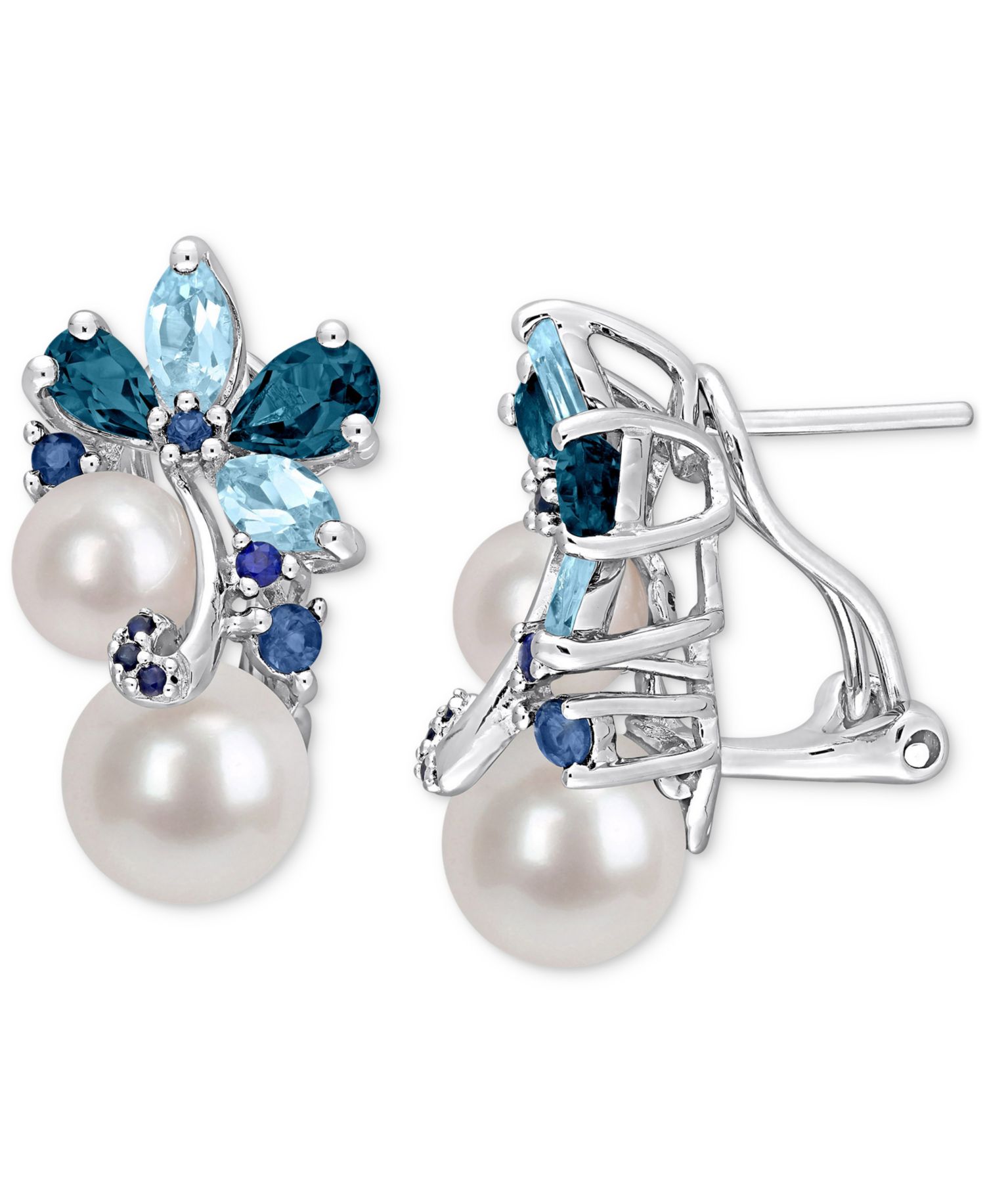 Colored Cultured Freshwater Pearl (6 & 8mm) & Multi-Gemstone (2-5/8 ct. t.w.) Cluster Earrings in 18k Rose Gold Flash-Plated Sterling Silver
