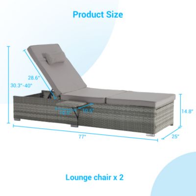 Outdoor Chaise Lounge Chair Set of 2 PE Rattan Recliners with Adjustable Backrest Cushion Table for Poolside Backyard