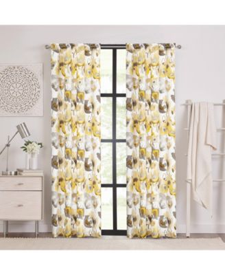 Chic Living 2 Pack Semi Sheer Poppy Floral Rod Pocket Window Curtains - 84 in. Long - Gray/Yellow